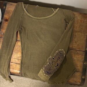 Free People Olive Crochet Sleeve Long Sleeve Top